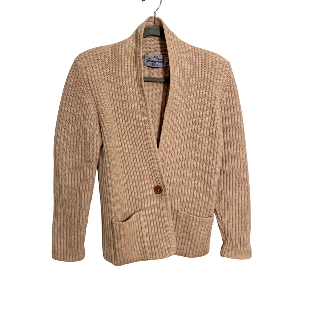 Vintage Tan Shetland Wool Ribbed Shawl Collar Cardigan Sweater M Preppy Classic